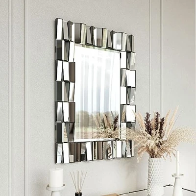 Image of FABS Knightsbridge Luxury Large Rectangular Wall Mirror Bevelled Decorative 3D Mirrored Glass Effect Design for Bedroom Living Room Hallway Bathroom (Grey Silver)