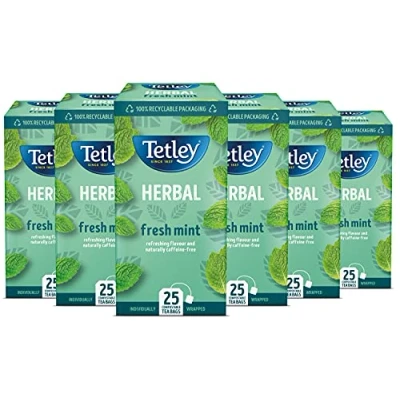 Image of Tetley Fresh Mint, Pack of 6 Boxes, 150 String and Tag Teabags Individually Wrapped