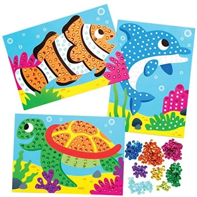 Image of Baker Ross AX142 Sealife Sequin Art Pictures Pack of 4, Animal Crafts for Kids Sessions to Make, Decorate and Display,Blue,Green,Orange,Pink,Purple,White