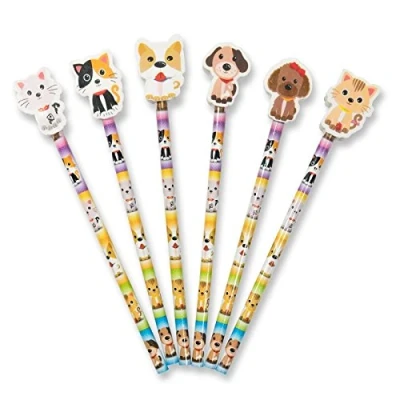Image of 12 x Cute Pets (Kittens/Puppies) Pencils With Large Shaped Eraser Topper. Ideal Party Bag Filler, End of Term Gift, Student Gift or Stocking Filler