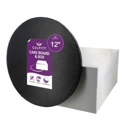 Image of Culpitt 12&quot; Black Cake Board &amp; White Box Combo, Round Drum With Matching Box, 0.5&#039;&#039; (13mm) Thick, Square Transport For Halloween Treats, 12 Inch, Single Pack