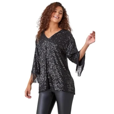 Image of Roman Womens Sequin Tassel Detail Tunic Stretch Top Black Size 12 UK