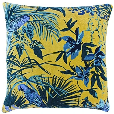 Image of Riva Paoletti Amazon Jungle Square Cushion Cover Teal Blue and Yellow Palm Plant Print Faux Velvet Fabric Machine Washable 100% Cotton 55 x 55cm (22&quot; 22&quot; inches)