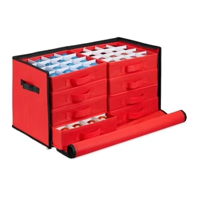Image of Relaxdays Christmas Bauble Storage Box, 128 Compartments, Festivities Decor Spheres, 30.5 x 62 cm, Red/Black