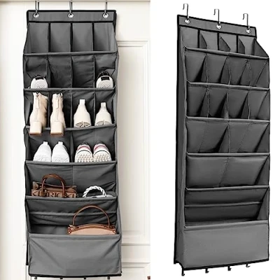 Image of Eummy Over The Door Shoe Organizer 16 Pockets Foldable Hanging Storage 600D Oxford Cloth Large Capacity Rack for Bedroom Bathroom 16.5x6.7x46 inch(Grey)