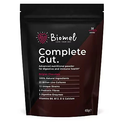 Image of Biomel Complete Gut Belgian Chocolate 4 in 1 Health Powder with Diverse Fibres 450g/30 Servings Vegan Friendly Gluten Free Live Cultures for Delicious &amp; Effective