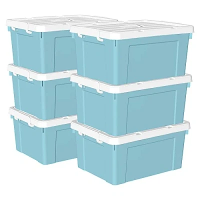 Image of Cetomo 35L*6 Storage Boxes, Carry Plastic Box with Lids, Organizing Container Handle and Secure Latching Buckles, Stackable, Nestable, Tote Bin for Home Office Clothes, 35L 6Pack, White