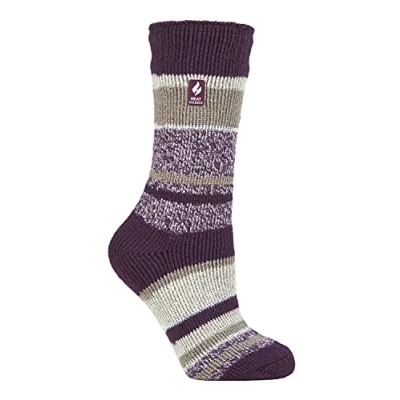 Image of HEAT HOLDERS Ladies Patterened Warm Winter Fleck Striped Twist Thermal Socks in 10 colours, size 4 8 UK 37 42 eur (Plum (Provence))
