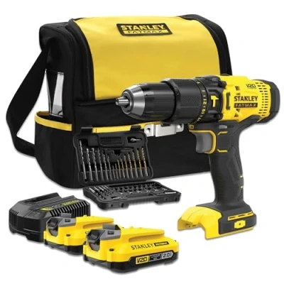 Image of STANLEY FATMAX SFMCD711DSA QW 18V Hammer Drill V20 Range 2 Speeds LED Light Includes Bit Set and 50 Pieces, x 2.0Ah Rechargeable Batteries, Charger Tool Bag