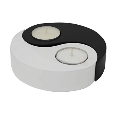 Image of Trendy Wood &amp; Light Mango Tealight Holder, Yin Yang Design, 13 cm, Handcrafted