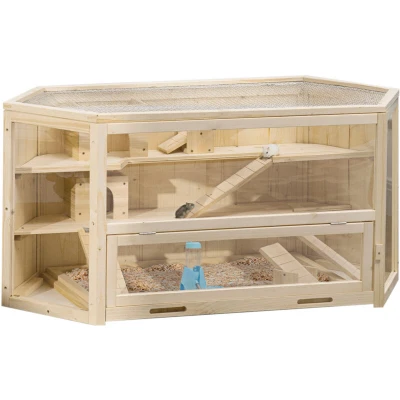 Image of PawHut Wooden Large Hamster Cage Small Animal Exercise Play House 3 Tier with Sliding Tray, Seesaws, Water Bottle, Natural