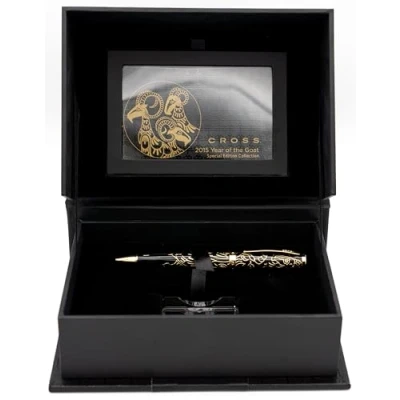 Image of Cross Special Edition Hand made Year of the Goat Black Lacquer and polished 23KT gold overlays appointments Ballpoint Pen with Leather Pouch in big Corporate gift box