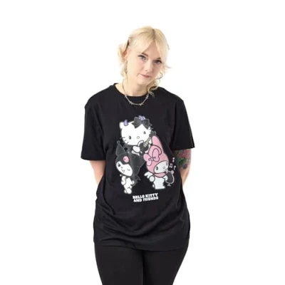 Image of Hello Kitty &amp; Friends Womens Black Short Sleeved T Shirt Rock Life Graphic Tee Sanrio Character Apparel Retro Style Top for Women Girls