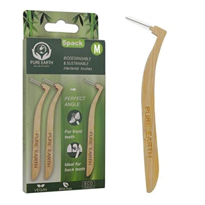 Image of Pure Earth Essentials Bamboo Interdental Brushes L Shaped Eco Friendly Biodegradable Handle Angle Brush Cleaner with Soft Bristles for Deep Clean Between Teeth and Gums (5 Pieces, 0.8mm, Blue)