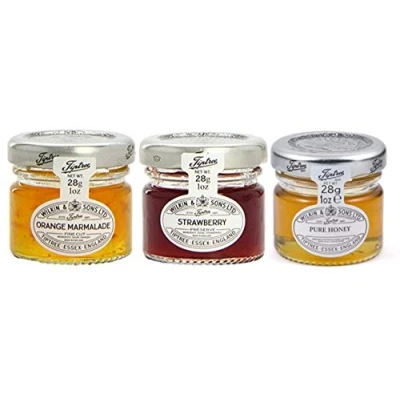 Image of Mixed Pack Wilkin &amp; Sons of Tiptree Strawberry / Honey Orange Marmalade Preserves 8 x 28g Mini Jars Each Flavour 24 Unit Breakfast Essentials