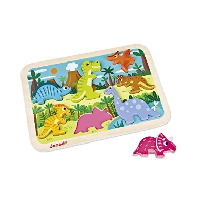Image of Janod Chunky Wooden Dinosaurs Puzzle 7 Pieces Fine Motor Skills Development and Concentration From 18 Months, J07054