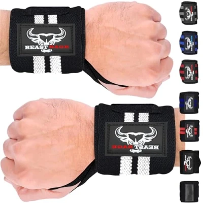 Image of BEAST RAGE Weight Lifting Straps Wrist Wraps Fitness Padded Cotton Support Gel Advanced Grips Dumbbell Bar Heavy Duty Gym Bodybuilding Power Deadlift Barbells (White Wraps)