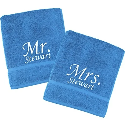 Image of TeddyT&#039;s Personalised Mr &amp; Mrs Embroidered Towels Gift Set (Blue with White, Bath Towel (120x70cm))