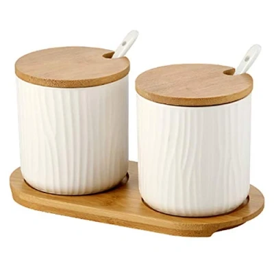 Image of OnePine Set of 2 Sugar Bowl, Ceramic Spice Jar Condiment Pots with Bamboo Lid and Spoon for Home Kitchen