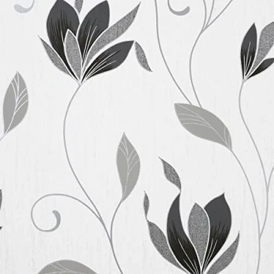 Image of Synergy Floral Black White Luxury Vinyl Wallpaper Textured Modern Contemporary Glitter Feature Wall