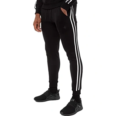 Image of Enzo EZJG582T Mens Joggers Striped Tracksuit Jogging Trousers Casual Sport Fitness Gym Fleece Sweatpants (Black, L, l)
