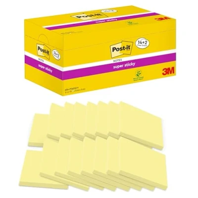 Image of Post it Super Sticky Notes Canary Yellow,Value Pack, Pack of 14 + 2 Free Pads, 90 Sheets per Pad, 76 mm x mm, Yellow Color Extra For Note Taking, To Do Lists &amp; Reminders