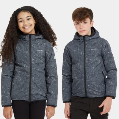 Image of Regatta Kids Waterproof Volcanics Viii Reflective Jacket Seal Grey Terrain Print, Size: 3 4 Years
