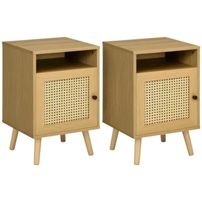 Image of HOMCOM Bedside Table Nightstand with Storage Shelf and Door Cupboard, Side End Rattan Element for Living Room, Bedroom, Set of 2, Natural