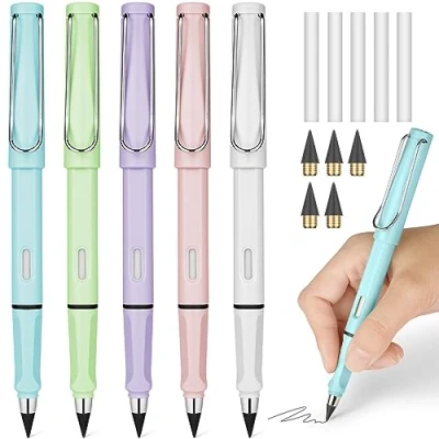 Image of Ainiv 5 Sets Inkless Magic Pencil Everlasting Eternal with Eraser, Infinity Reusable for Writing Drawing Extra Eraser &amp; Replaceable Nibs, Home Office School Supplies