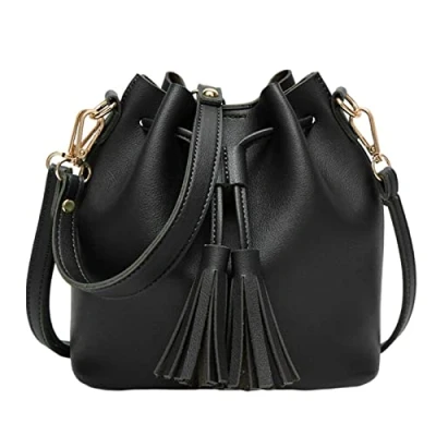 Image of Paowsietiviity Bucket Shoulder Bag Drawstring Purse Handbags Small Shopping Black, 22x11x19 cm