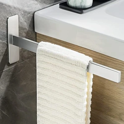 Image of Gsocel Towel Rail No Drilling Single Arm Self Adhesive Square 304 Brushed Stainless Steel Holder Wall Mounted Bath for Bathroom and Kitchen Silver 38 cm