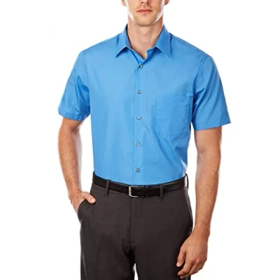 Image of Van Heusen Men&#039;s Short Sleeve Dress Shirt Regular Fit Poplin Solid, Pacifico, 18&quot; Neck