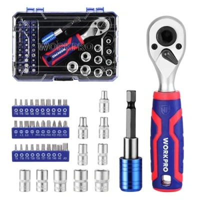 Image of WORKPRO 42 Pieces 1/4&quot; Socket Set, Ratchet Set with Bit Met, Wrench and Extension Bar for DIY, Car Repair Daily Maintine Tool Box