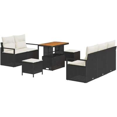 Image of vidaXL 8 Piece Garden Sofa Set with Cushions Black Poly Rattan Acacia