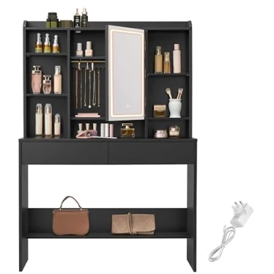 Image of VASAGLE Dressing Table with LED Lights, 3 Light Colours, Adjustable Brightness, Vanity Desk Mirror, Shelves, 2 Drawers, Makeup Desk, Modern, Ink Black RDT123B02