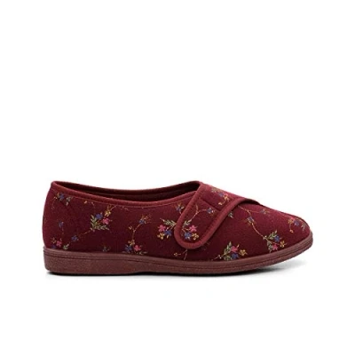 Image of Ladies Wine Floral Nylon Wide 2E Fitting Washable Touch Fastening Slipper Dora Size UK 9
