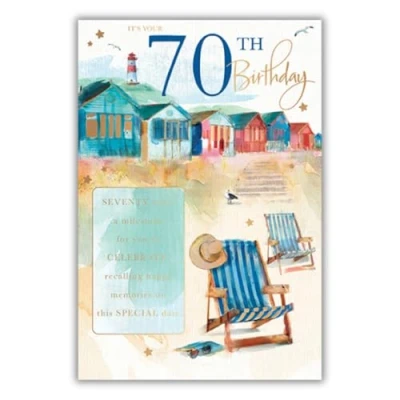 Image of Words N Wishes Male 70th Birthday Card A Milestone to Celebrate Deck Chairs on Beach Foil Finish for Him
