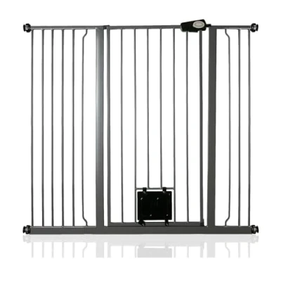 Image of Bettacare Pet Gate with Lockable Cat Flap, 120.3cm 127.9cm, Slate Grey, 104cm in Height, Extra Tall Dog Safety Barrier Easy Installation