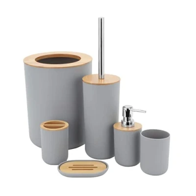 Image of MisFox 6 Pieces Bamboo Bathroom Accessory Set, Stylish Eco friendly Bath Accessories Include Soap Dispenser, Trash Bin (4L), Toothbrush Holder, Tooth Mug, Toilet Brush &amp; Dish (Grey)