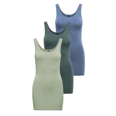 Image of ONLY Women&#039;s Onllive Love Long Tank Top 3 Pack for Women, Desert Sage/Balsam Green/China Blue, XXXL
