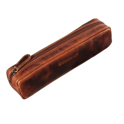 Image of STILORD &#039;Preston&#039; Pencil Case Leather Vintage Pen Pouch Round Organiser Gift for Women Men Stationary Slim in Genuine Leather, Colour:Kara Cognac
