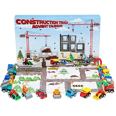 Image of KreativeKraft Advent Calendar 2024 with 24 Diecast Mini Racing Cars or Construction Trucks (Construction Trucks)