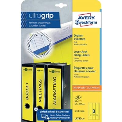 Image of Avery Zweckform L4755 20, Folder Labels for Wide Folders Long e.g. Leitz Elba Mehle Bene Biella 61 x 297 mm 20 Sheets