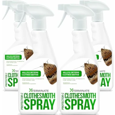 Image of Xterminate Clothes Moth Killer Spray Treatment (4 x 1L) Professional Strength Formula For Home Use. Household Storage Areas, Carpets, Bedrooms, Furniture &amp; More. Controls Re infestation
