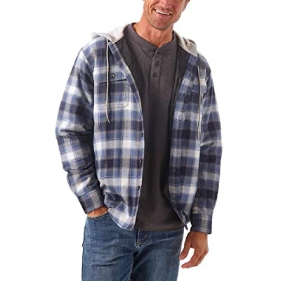 Image of Wrangler Authentics Men&#039;s Long Sleeve Quilted Lined Flannel Jacket With Hood Button Down Shirt, Blue/Black, XL UK