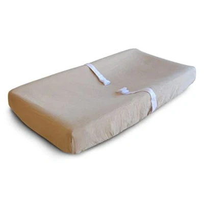Image of Mushie Extra Soft Muslin Fitted Changing Pad Cover Standard 72x48x13cm Breathable Fully Elastic Edges Material: 100% Cotton (Pale Taupe)