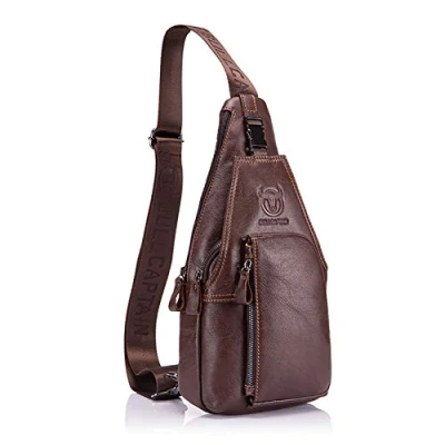 Image of BULLCAPTAIN Men Chest Bag Genuine Leather Crossbody Shoulder Sling Bags Backpack Messenger Daypack For Business Casual Sport Hiking Travel Brown