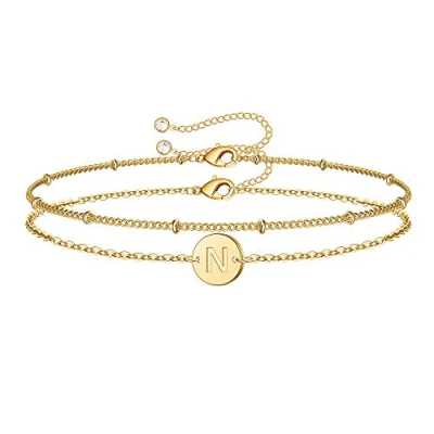 Image of TINGN Gold Initial Bracelets for Women, Dainty 14K Filled Layered Beaded N Letter Bracelet Personalized Alphabet Disc Monogram Charm Jewelry Gifts Girls