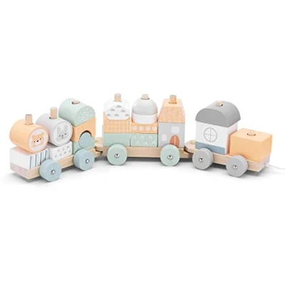 Image of Navaris Wooden Toy Stacking Train Pull Along Building Block 20 Piece Set Made from Solid Wood For 18M+ Toddlers, Kids, Boys, Girls Orange Green