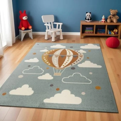 Image of Livabliss Hot Air Balloon Kids Rug Childrens for Bedroom 160x213 cm, Carpet Girls &amp; Boys Rug, Playroom and Nursery Rugs Baby Girl or Boy Room, Teal Orange